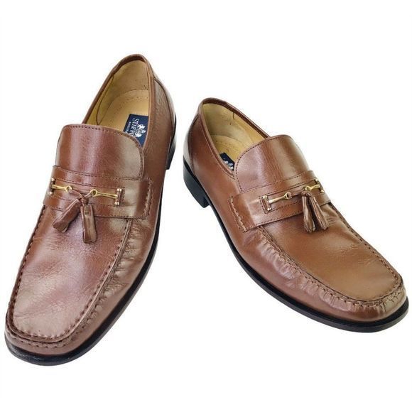 Stafford Vero Cuoio Handcrafted Men's US 12 Brown Leather Slip On Loafers tassel - Picture 2 of 9